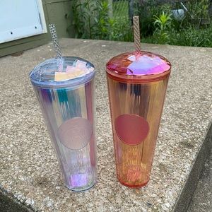 Set of iridescent Starbucks tumblers.